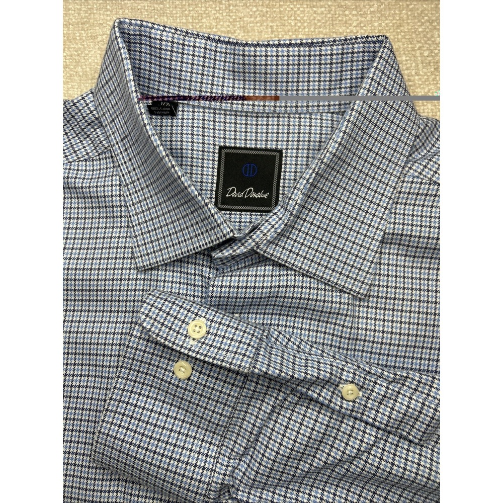 David Donahue Mens 17.5 32/33 Dress Shirt Blue White Check Cotton Houndstooth